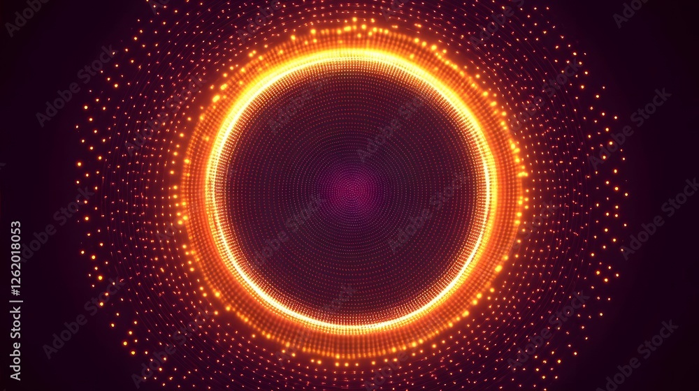 Poster abstract glowing circular pattern with vibrant orange dots on a dark background, suitable for digita