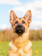 Obraz premium Golden dog with large ears standing in grassy field, looking up with calm expression. background features blurred landscape with soft clouds