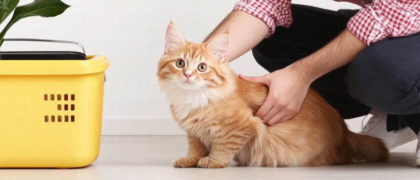 pet service worker gently interacts with nervous orange cat near yellow carrier, creating calm and reassuring atmosphere for feline