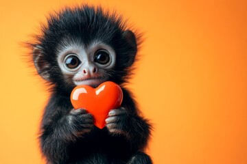 Fototapeta premium Promotion visual idea. Cute tamarin baby with furry friend toy red heart - emblem of love, funny greeting card. Tamarin - my desired animal. Advertising visual idea. Love and zoo photography.