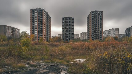 Obraz premium Three derelict high-rise buildings stand amidst overgrown vegetation under a gloomy sky.