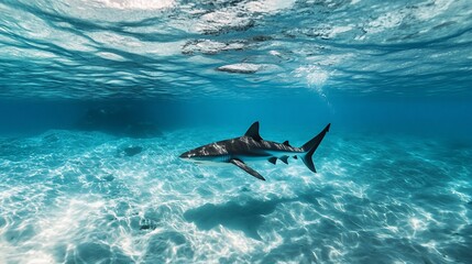 Fototapeta premium Underwater shot of a grey reef shark swimming in shallow, clear turquoise water over a sandy ocean floor.