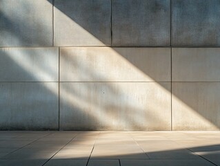Sunlight casts shadows on a modern concrete wall and floor.