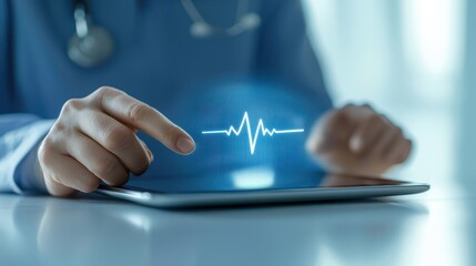 Monitoring heartbeat on tablet, healthcare technology and innovation in wellness medical diagnostics