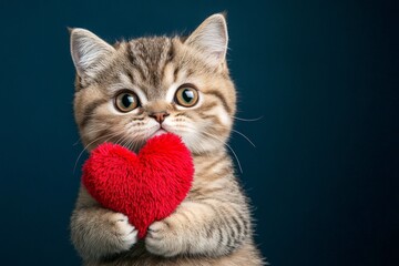 Selkirk rex - my cherished cat. Commercial creative visual design art. Cute selkirk rex baby cat with fluffy red heart - emblem of love, funny greeting card. Cute pet. Valentine's furry friend.