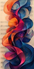 Abstract swirling art, vibrant hues, musical backdrop