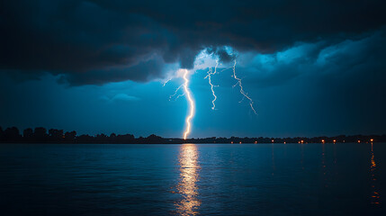 Lightning Strike over Water: A dramatic and powerful lightning bolt illuminates the night sky above a calm body of water, its reflection shimmering on the surface.