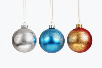 Obraz premium Colorful Christmas baubles hanging together in a trio, showcasing gold, silver, blue, and red. These ornaments can be used for holiday decoration or as a festive accent to a wreath.