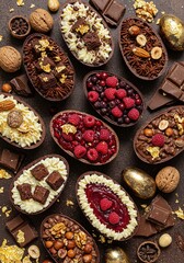 Fototapeta premium Gourmet Chocolate Easter Egg Halves with Assorted Toppings - Top View