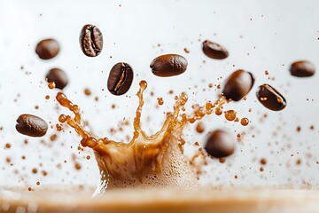 Coffee beans hitting freshly brewed coffee, creating a beautiful splash captured in ultra-high definition, with a simple white backdrop.