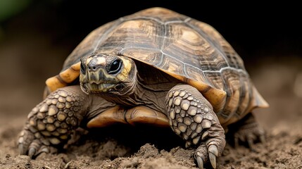 Fototapeta premium Close-up of a tortoise on the ground. Nature. Wildlife. Possible use Educational material