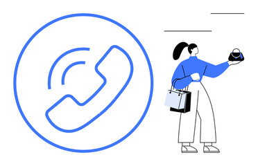 Woman with ponytail holding shopping bags and showing a purse next to a large phone call icon. Ideal for customer service, communication, retail marketing, sales support, shopping assistance
