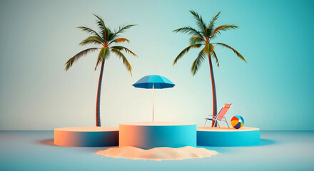 Summer Podium Display with Sand Pile, ball, Coconut Tree, Beach Umbrella, Chair, and Banner on a Cloudy Beach Background.