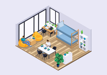 Isometric Characters, Personage. Large bright room in the student dormitory for recreation. Students communicate and study