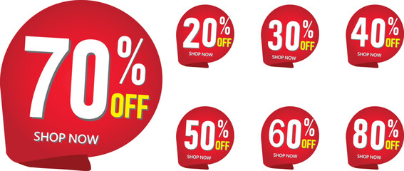 A set of discount sticker discount price tag . Red round speech bubble shape promote shop now with sell off up to 20, 30, 40, 50, 60, 70, 80 percent vector illustration isolated on white background.