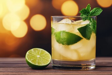 Fototapeta premium Refreshing margarita cocktail is garnished with lime and mint against bokeh background