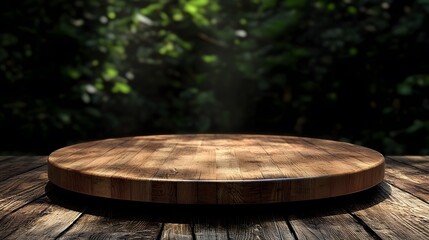 Wooden Platform Presentation Lush Forest 3D Render Natural Light Elevated View Serenity
