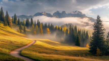 Misty mountain path winding through autumnal forest.