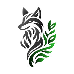 Tribal logo of fox head and leaves in black and green colors, isolated on white background.