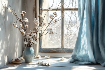Sunlit cotton branches in a vase on a rustic windowsill.