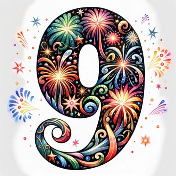 Fireworks Number Nine: A vibrant and festive illustration of the number nine, intricately designed with colorful fireworks and swirling patterns, perfect for celebrations and events. 
