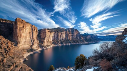 Scenic overlook with mountain lake and rocky canyon walls at sunrise.