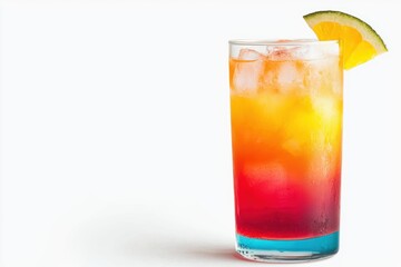 a colorful layered cocktail in a tall glass, party drink with bright hues, isolated on white background
