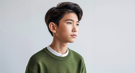 Caucasian boy olive green sweater young teen side view portrait on plain white background