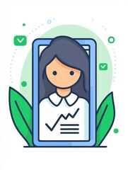 financial freedom independence strategy value concept. Illustration of a woman in a smartphone displaying growth graphs and leaves.