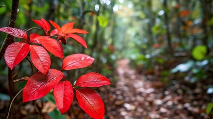 Vivid red leaves on a branch beside a forest path.