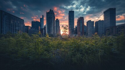 Vibrant sunset over a cityscape, viewed from a field of lush greenery.