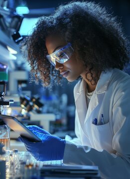 In the lab, a scientist man and woman conduct microscopy analysis of DNA or viruses on a tablet, supporting a pharmaceutical company. Their teamwork involves medical research, with the use of a