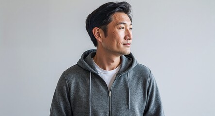Asian guy gray zipup hoodie middle age side view portrait on plain white background