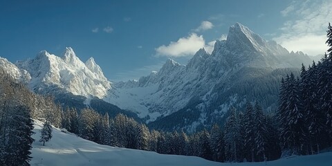 A breathtaking view of snow-covered mountain peaks and alpine forests.