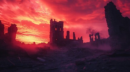Obraz premium Apocalyptic sunset over ruined city, smoke, destruction, red sky.
