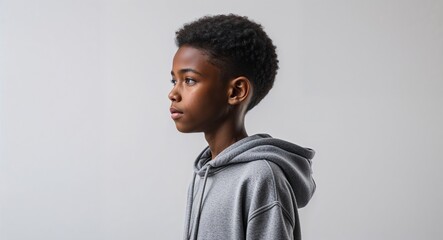 Obraz premium Black African boy gray hoodie young teen side view portrait on plain white background