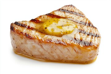 a piece of perfectly grilled swordfish steak with lemon butter, premium seafood dish, isolated on white background