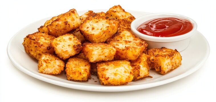 a plate of golden hash browns with a side of ketchup, crispy breakfast classic, isolated on white background