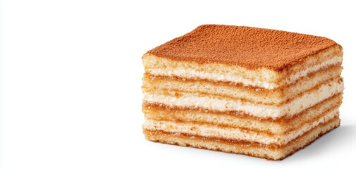 Fototapeta premium a slice of tiramisu with cocoa dusting and layers of coffee-soaked sponge, classic Italian dessert, isolated on white background