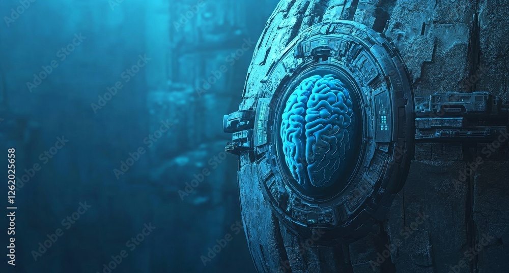 Aufkleber a hud interface hologram on a microchip processor circuit board with a human brain organ illustrates