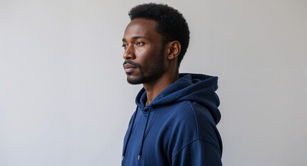 Obraz premium Black African guy navy blue hoodie middle age side view portrait on plain white background