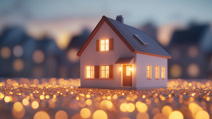 A charming minimalist house model symbolizes simplicity, serenity, and modern elegance. The soft color palette evokes calmness and warmth, while the blank space suggests potential, freedom, and new be