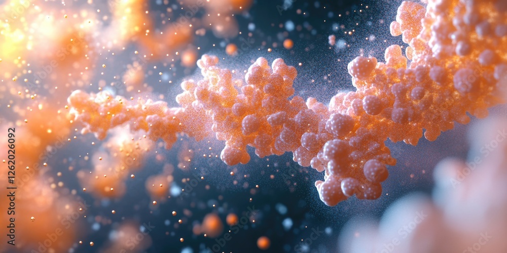 Poster close-up of red and orange molecular or cellular structures against a dark backdrop, suggesting moti