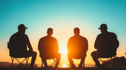 Sunset Brotherhood: Four friends silhouetted against a vibrant sunset, sharing a moment of camaraderie and peace.  The image evokes a sense of tranquility and lasting friendship. 