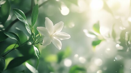 Fototapeta premium Single white flower blooming in sunlight, surrounded by green leaves.