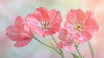Obraz premium Three delicate peach tulips in soft focus, showcasing their intricate details and vibrant color against a blurred pastel background.