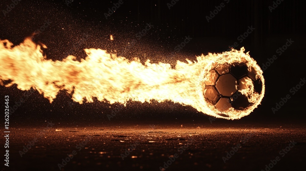 Poster a flaming soccer ball in motion, creating a dynamic and energetic visual effect.