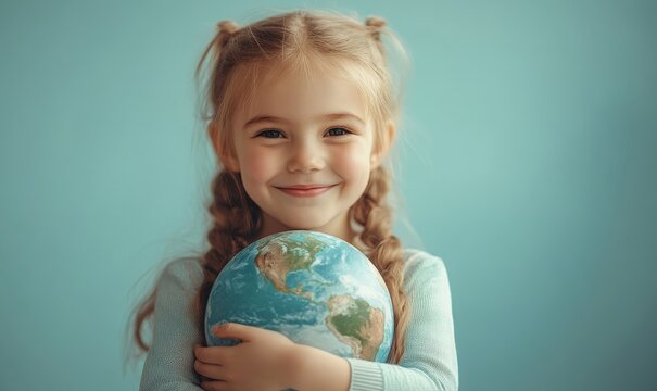 Embracing the Future: Young Girl Hugging Planet Earth Model for World Children's Day Concept Banner, Generative AI