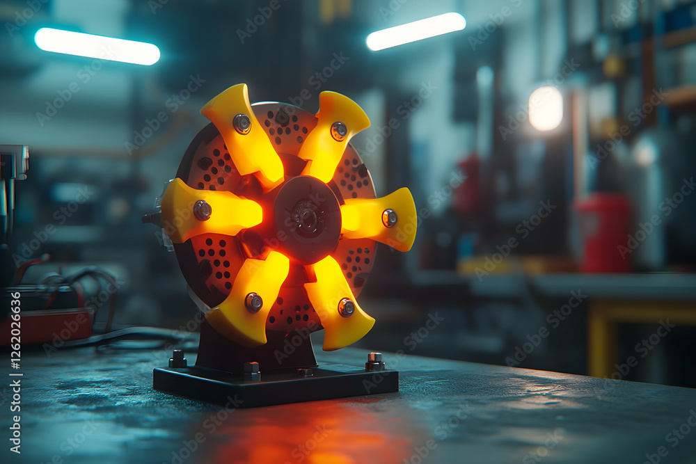 Poster glowing turbine prototype in workshop