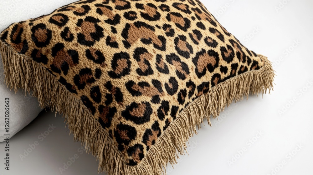 Poster a chic and luxurious leopard print pillow with fringed edging, perfect for adding a unique touch to 